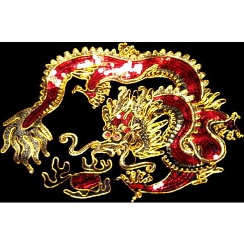 1Pcs 30*18cm Large Net Yarn Sequin Embroidery Gold / Silver Dragon Cloth Stickers Sea monsters Decals Patch Stickers A585
