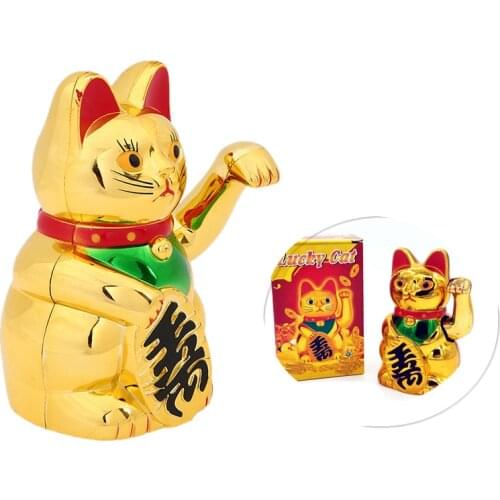 5" Chinese Feng Shui Waving Hand Cat Wealth Fortune Lucky Gold Cat Gift Welcome Statue Ornament for Home Car Office Decoration