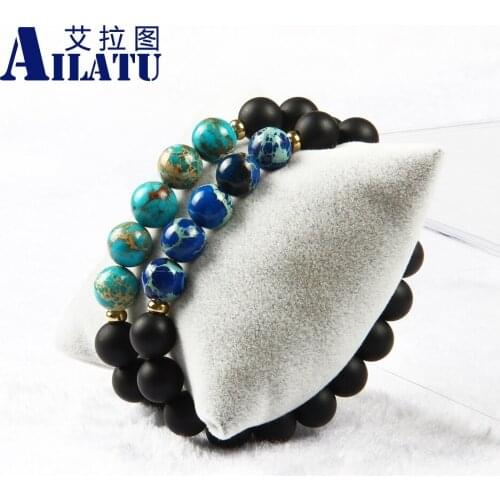 Ailatu Fashion Natural Stone Onyx and Sea Sediment Beads Energy Mens Elastic Bracelet Father or Boy Friend Gift