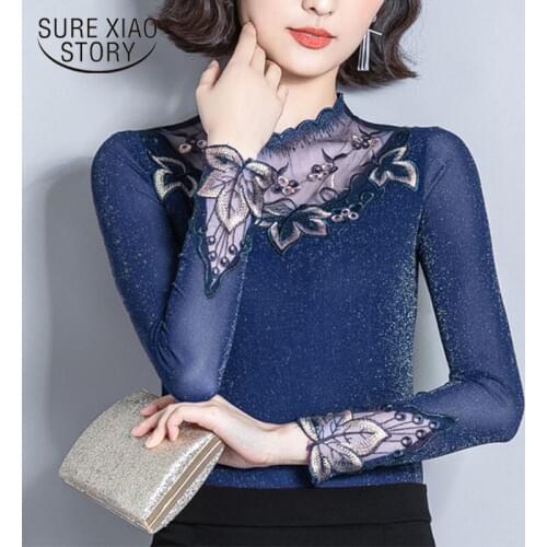Blusas mujer de moda womens 2019 autumn/winter new long-sleeved trim lace embroidered mesh short top thin women shirts 7756 50