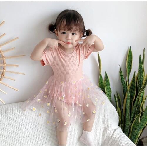 Baby Newborn Girls Daisy Print Mesh Romper Dress Short Sleeve O Neck Ribbed Infant Toddler Summer Cute Romper Clothing 0-3T