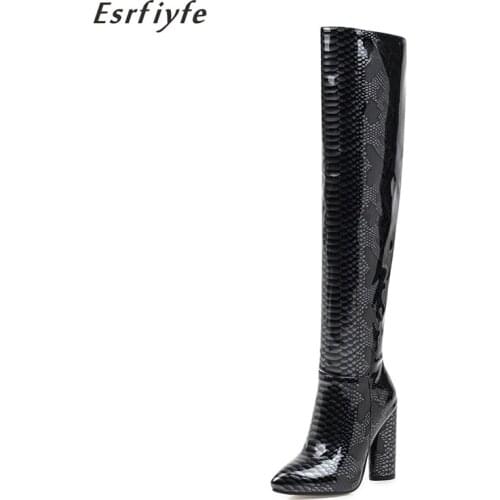 ESRFIYFE New Sexy Over The Knee Boots Womens Winter Boots Thick High Heels Pointed Toe Long Boots Snakeskin Grain Shoes Woman