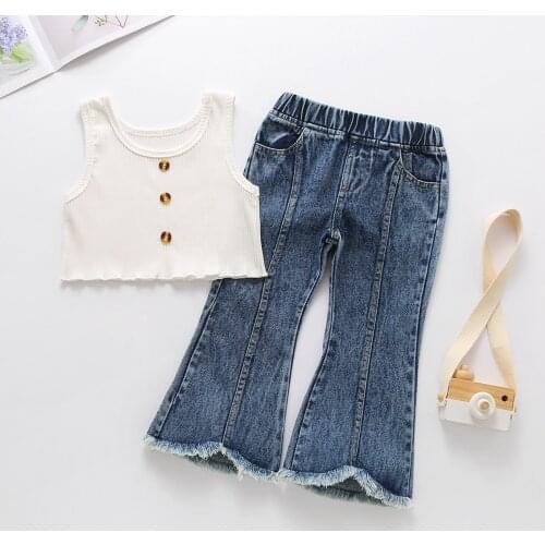 FOCUSNORM Fashion Summer Kids Girls Clothes Sets 1-6Y Single Breasted Strapless Knit Vest Denim Hole Flare Pants