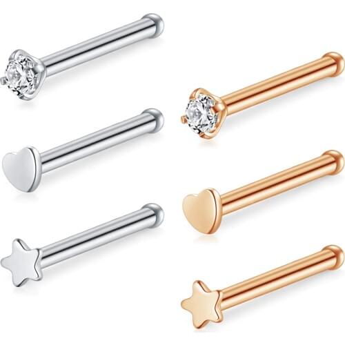 JFORYOU 20G 6PCS Nose Studs Screw L Bend Shape Stainless Steel Cubic Zirconia Heart Top Nose Piercing Body Jewelry Rose G