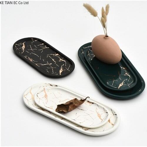 European-style Marbled Ceramic Storage Tray Oval Jewelry Teacup Food Aromatherapy Tray Bathroom Set Tray Storage Home Decoration