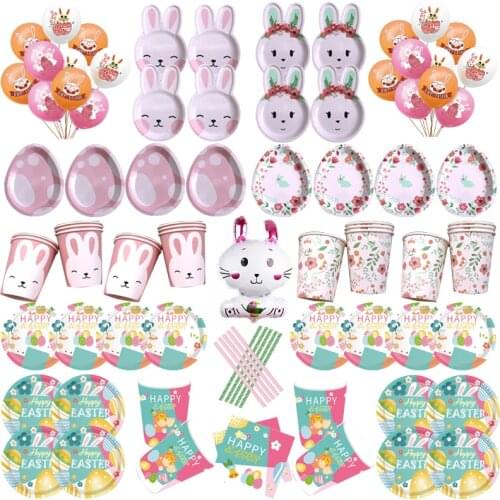 Cartton Theme Disposable Party Tableware Rabbit Egg Paper Plates Cups Easter Birthday Carnival Decor Baby Shower Party Supplies