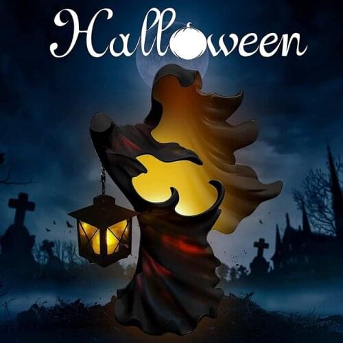 LUDA Hells Messenger With Lantern Faceless Ghost Sculpture Light Witch Realistic Halloween Statue Decor Solar Light