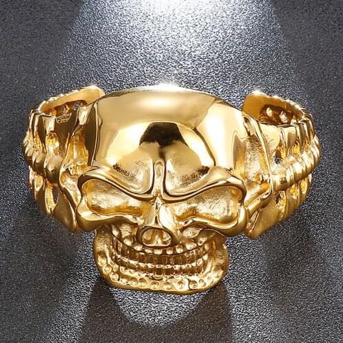Cool Heavy Gold Color Skeleton Skull Bracelets Rock 316L Stainless Steel for Men Punk Gothic Charm Bracelets & Bangles Jewelry