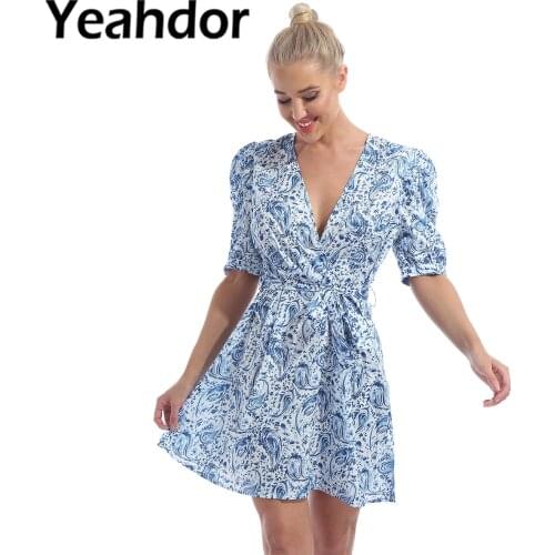 Women Fashion Dresses Outfit Puff Short Sleeve Deep V-Neck Floral Print Zipper Side Knee-Length Swings Dress with a Waist Strap