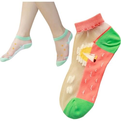5 Pairs Women Socks Autumn Summer Thin Silk Transparent Shallow Mouth Ankle Socks Funny Marine Series Fish Pattern Fashion Meias