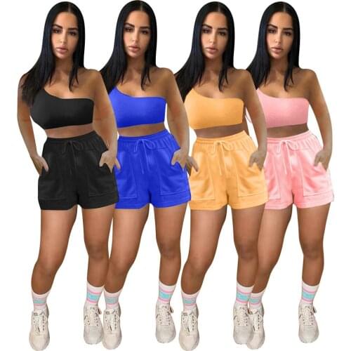 Solid Color One Shoulder Sexy Crop Top Vest & Sports Shorts Two Piece Sets Women Outfits Summer Casual Sweatsuits
