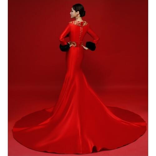 Host Dress Female New Elegant Long Noble Red Model Walking Show Dresses Exaggerate Sexy China style host wedding international