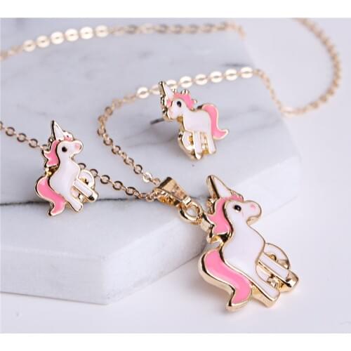 RONGQING 10Set/lot Lovely Unicorn Necklace Pendant 2018 Fashion Jewelry Animal Necklace jewelry sets for women Animal earrings