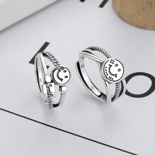 SA SILVERAGE Open Women Ring Hand Ornament Mens Ring New S925 Sterling Silver Ring Womens Retro Twist Lines Smiling Face Fashion