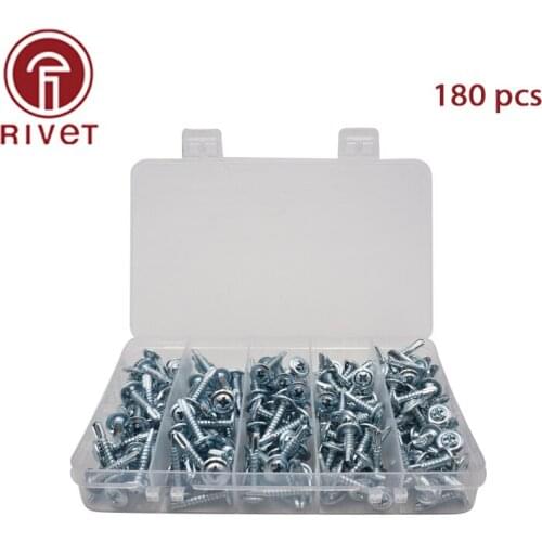180Pcs/Set M4.8 Carbon Steel Flat Head Self Tapping Screws Drilling Tail Screw Electric Drill Screw With Transparent Box
