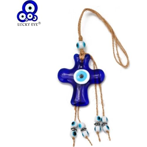 Lucky Eye Glass Cross Blue Evil Eye Keychain Rope Ring Car Keyring Key Chain Holder Wall Hanging Jewelry for Women Men LE243