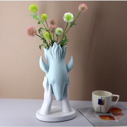 Creative Deer Head Vase Resin Statue Accessories Home room Table Figurines Crafts Club Desk Fake Flower Arrangement Decoration