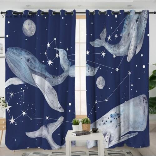 Planet Blue Whale Window Curtains 3D Print Underwater Animals Window Drapes Blue Background Window Treatments Decoration