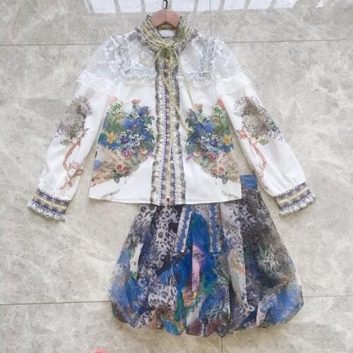 Ladies Lantern Sleeve Beaded Ruffled Shirt + Beautiful Girl Printed Puffy Short Skirt 2021 Spring/Summer Latest Fashion Set