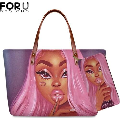 FORUDESIGNS Women Handbag Black Afro Girls Printing Handbags&Purse for Ladies 2pcs/set Shoulder Totes Females Summer Beach Bags