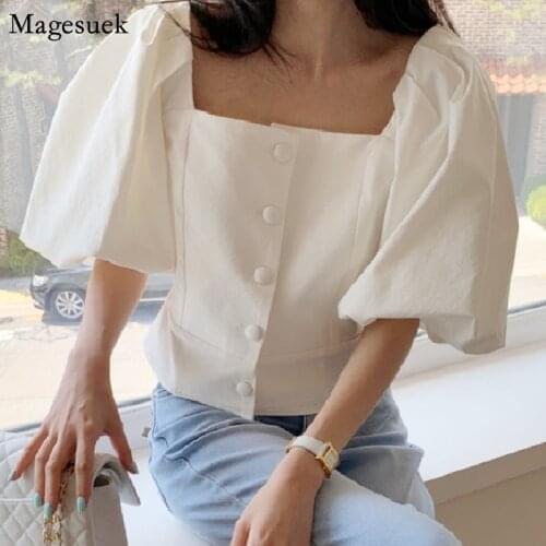 Korean Chic Puff Short Sleeve Shirt Women Summer Square Collar White Vinatge Blouse Women Button Elegant Tops Blusas Mujer 14770