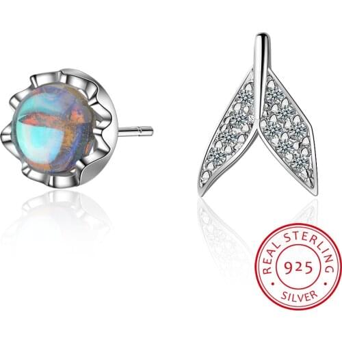 100% 925 Sterling Silver Synthetic Glass Asymmetrical Fish Tail CZ Stud Earrings For Women Silver 925 Jewelry DA55