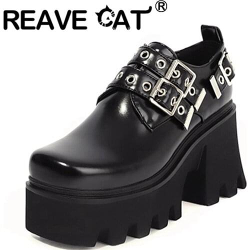 REAVE CAT 2021 Ladies Sexy Platform High Thick Heel Sole Chunky 8cm Slip On Square Toe Belt Buckle Punk Size 35-44 Black A4154