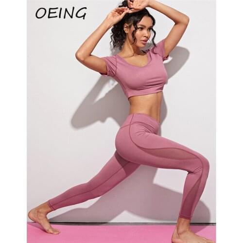 Womens Yoga Two Piece Sets Short Sleeve Crop Tops and Seamless Leggings Sport Suits Tights Workout Set