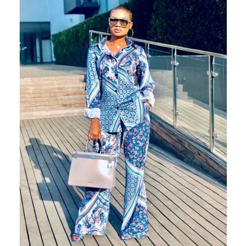 Felyn 2021 Best Quality Famous Brand 2 pcs Women Set Print Turn-down Collar Blouse And Long Pants Office Lady Outfits