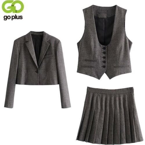 GOPLUS 3 Piece Set Women Clothing Pleated Skirts Vest Jacket Coats Chandal Mujer Invierno 2021 Ropa Mujer Roupas Femininas