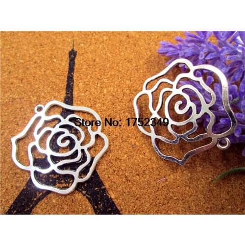 12pcs--Rose Flower charms,Antique silver Lovely Round Filigree Flower Base Setting Connector Link Charms Pendant 35*37mm
