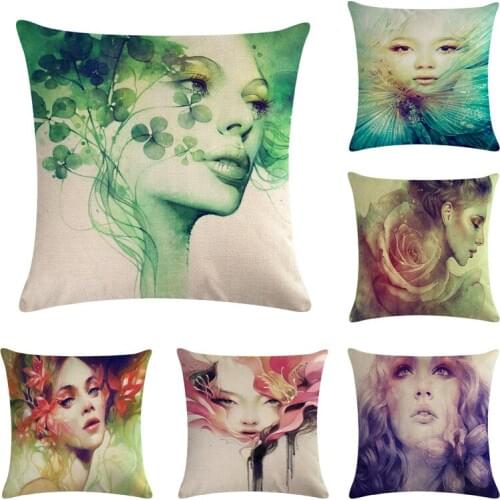 45X45cm WaterColor Girl Cushion Cover Home Decor Flower Girl Pillowcase Cotton Linen Throw Pillow Covers Cushion Case