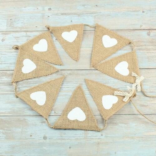 5set Jute Fabric Bunting Banner white Heart 8 Flags vintage Wedding Party Burlap Banners Rustic wedding decoration Centerpieces