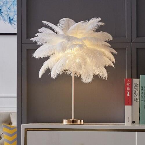 Free Shipping Feather Table Lamp Bedside Lamp For Girly Living Room Net Red Light Bedroom Romantic Feather Wedding Room
