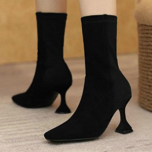 Black Brown Apricot Women Ankle Boots Square Toe Strange Style Women Stretch Boots Faux Suede Slip on Womens Boots Big Size 43