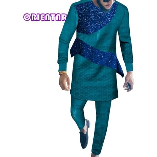 Dashiki Men Tops Pants 2 Pcs Outfit Set African Men Clothes Bazin Riche African Clothing for Men Long Shirt with Trouser WYN1430