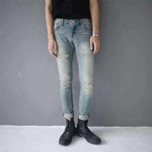 IKnee front and back hole pants jeans mens slim tight size large size retro light color code clearance large size big fat