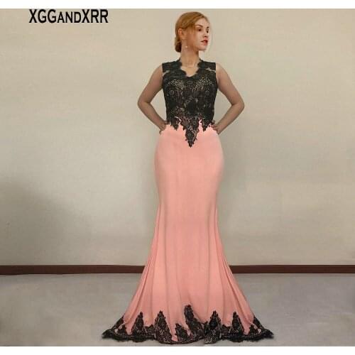 Elegant Mermaid Prom Dress 2021 V Neck Lace Applique Sleeveless Long Evening Formal Party Gown Pink Plus Size Custom Made Gala