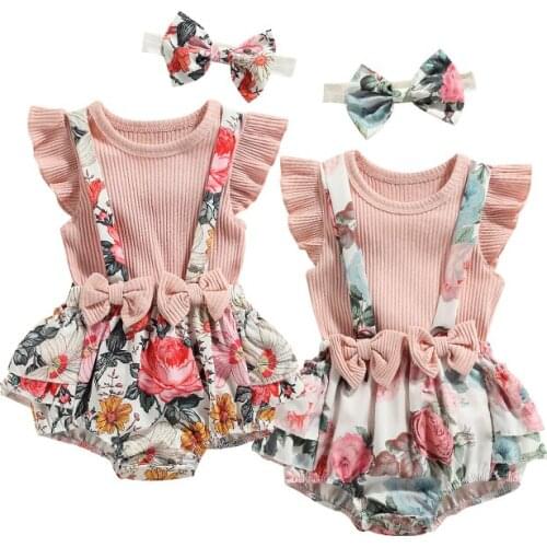 FOCUSNORM 3Pcs Baby Girls Summer Outfit Solid T-Shirt + Floral Print Suspenders Shorts + Hairband Outfits 0-18M