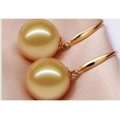 Beautiful a pair 10-11mm AAA south sea round gold pearl dangle earrings14k
