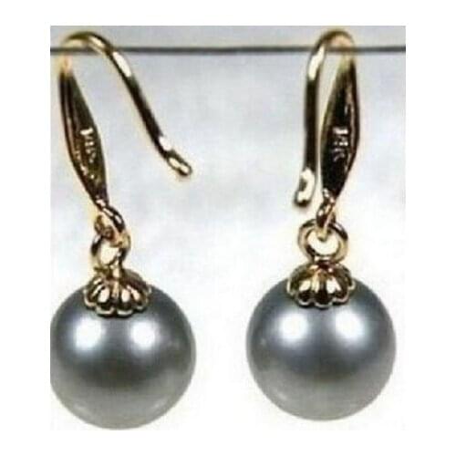 Noble jewelry charming natural AAA Round 9-10mm tahitian gray pearl earring 14K gold hook