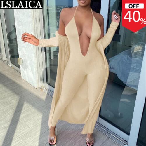 Wholesale Items Summer Set for Women Long Sleeve Cardigan Sling Bodysuit Solid Color Sexy Two Piece Set Fashion Rib Knitted 2021