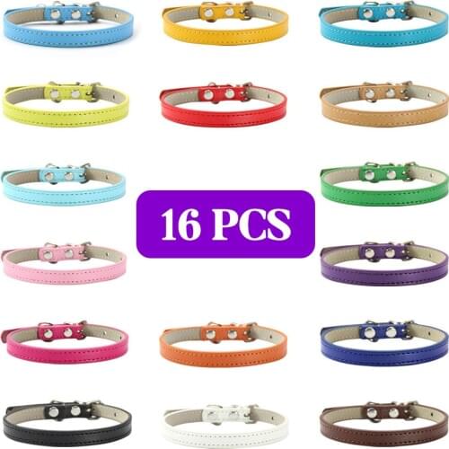 16 Pcs/Lot Soft Leather Solid Cat Collar Adjustable Puppy Collars For Cat Kitten Accessories Chihuahua Necklace Pet Supplies