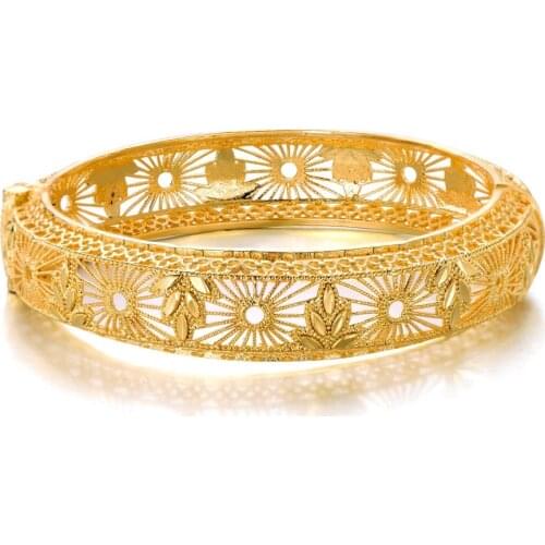 Hollow Filigree Openable Bangle Women Yellow Gold Filled Wedding Party Bracelet Charm Jewelry