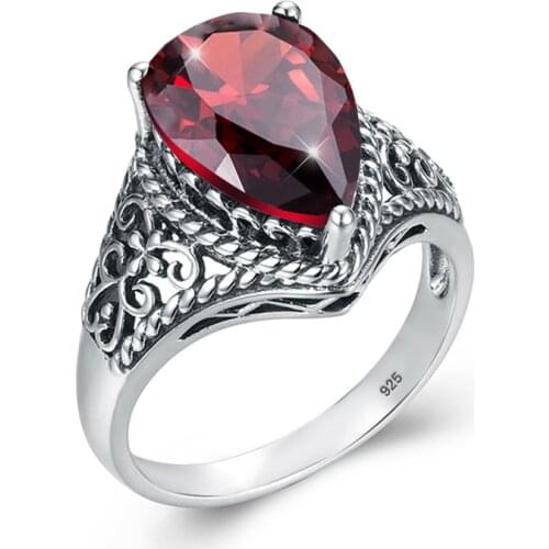 Real 925 Sterling Silver Ring Women Vintage Heart Rings Garnet Gemstone Water Drop Trendy Unique Handmade Womens Jewelry Gift