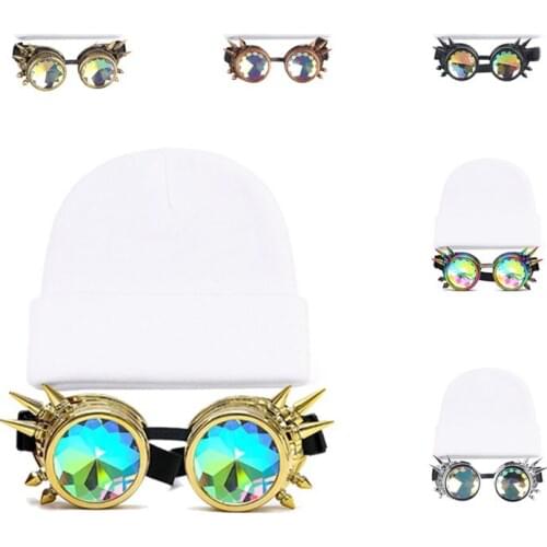 Glasses Beanies Kaleidoscope Rave Goggles Steampunk Glasses with Rainbow Crystal Glass Lens White Knitted hat Wholesale