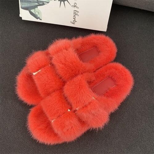 Womens Plush Slippers Luxury Mink Sandals Double Row Buckle Adjustment Anti Skid And Wear-Resistant Sole Flai Bottomed Summer