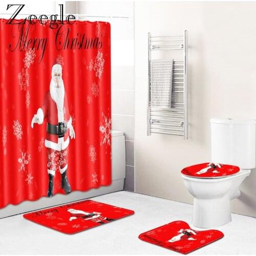 Zeegle Shower Curtain Christmas Bath Curtain Anti-slip Bathroom Rug Toilet Mat Absorbent Foot Mat Washable Bathroom Rug Set