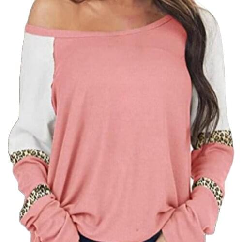 Women T-shirt Leopard Patchwork Off Shoulder Autumn Contrast Color O Neck Long Sleeve Blouse Pullover Streetwear Loose Pullover