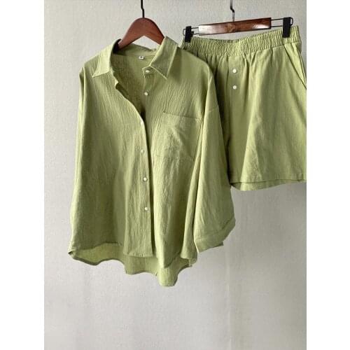 Women Shorts Set Solid Oversize simple Ladies Matching Suit Shirt And Elastic Waist Trousers Summer Loose Casual 2021 New Chic